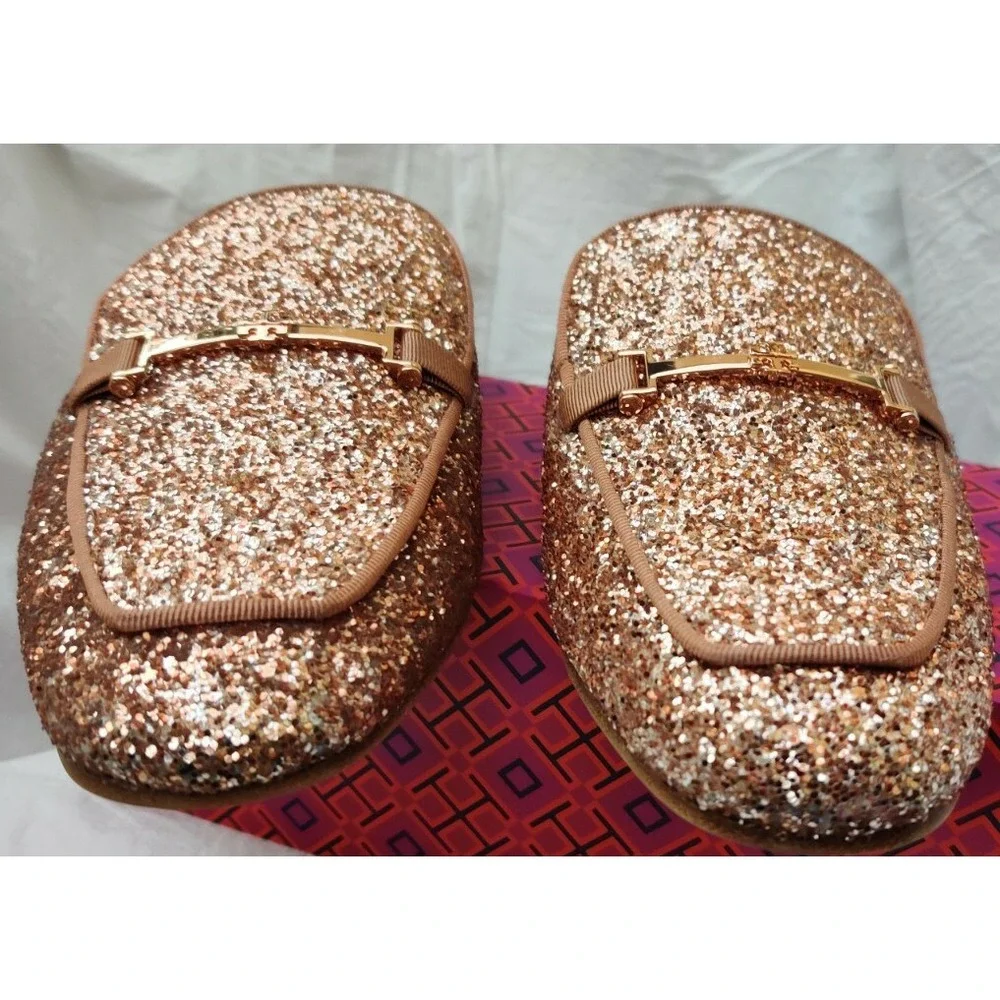 NEW Tory Burch Amelia‎ Backless Loafer Glitter Rose Gold Size 11 M